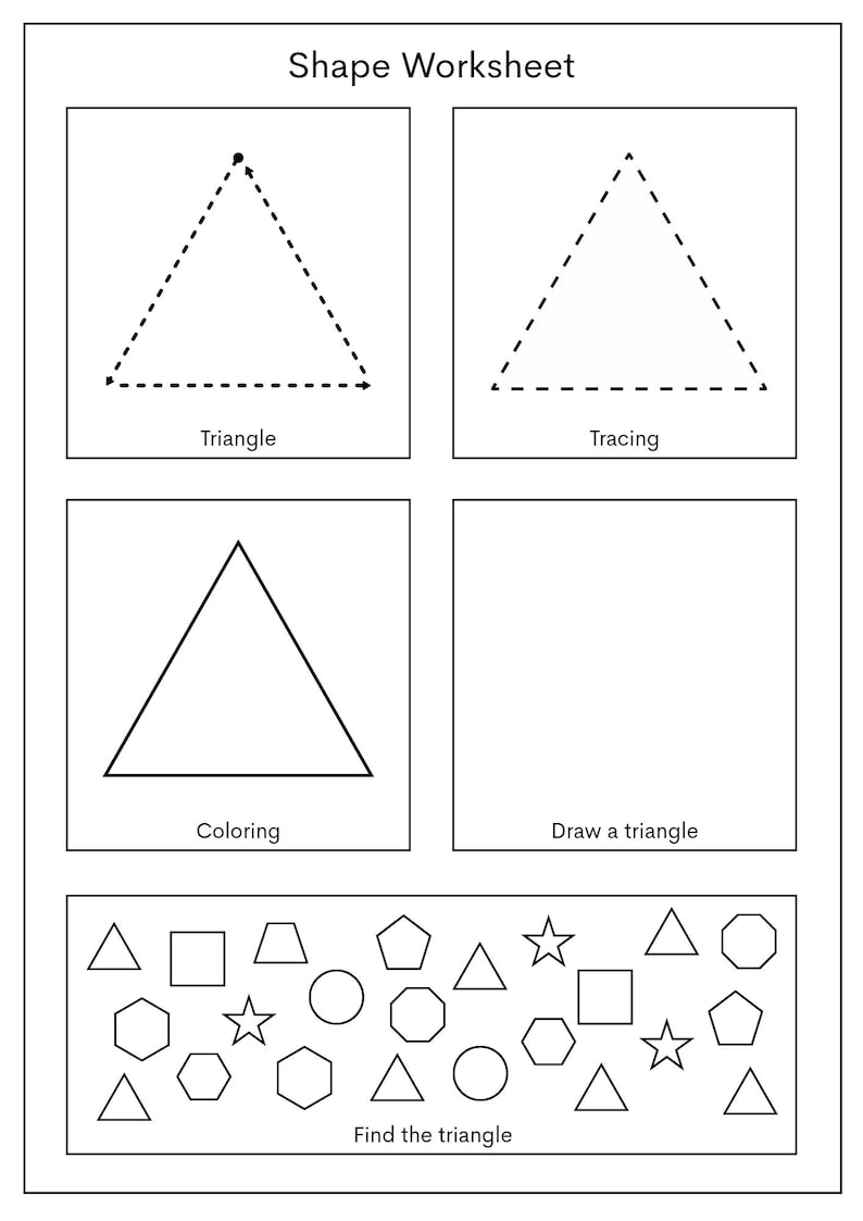 May include: A black and white shape worksheet with the title "Shape Worksheet". The worksheet includes instructions for tracing, coloring, and drawing a triangle. It also has a section to find the triangle among other shapes.
