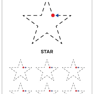 May include: A worksheet titled TRACE THE SHAPE featuring a large dashed star outline with a red dot and blue arrow, followed by the word STAR and six smaller dashed star outlines, each marked with a red dot and blue arrow for tracing practice.