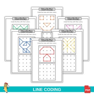 Pode incluir: Uma pilha de folhas de trabalho brancas com o texto "Line Coding" e instruções para colorir linhas. Cada folha apresenta formas geométricas e grades pontilhadas. As folhas de trabalho são para atividades educacionais.