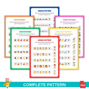 May include: A set of colorful pattern matching worksheets for children. Each worksheet features a different theme, including toys, fruit, vehicles, robots, animals, and dinosaurs. The worksheets have a question mark to fill in the missing pattern.