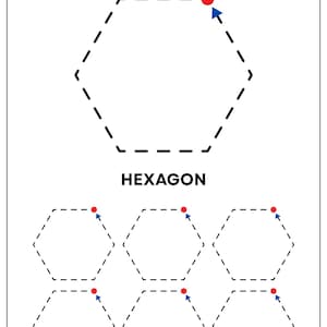 May include: A worksheet titled TRACE THE SHAPE featuring a large dashed hexagon with a red dot and blue arrow. Below, the word HEXAGON is printed above six smaller dashed hexagons, each marked with a red starting dot and a blue directional arrow.
