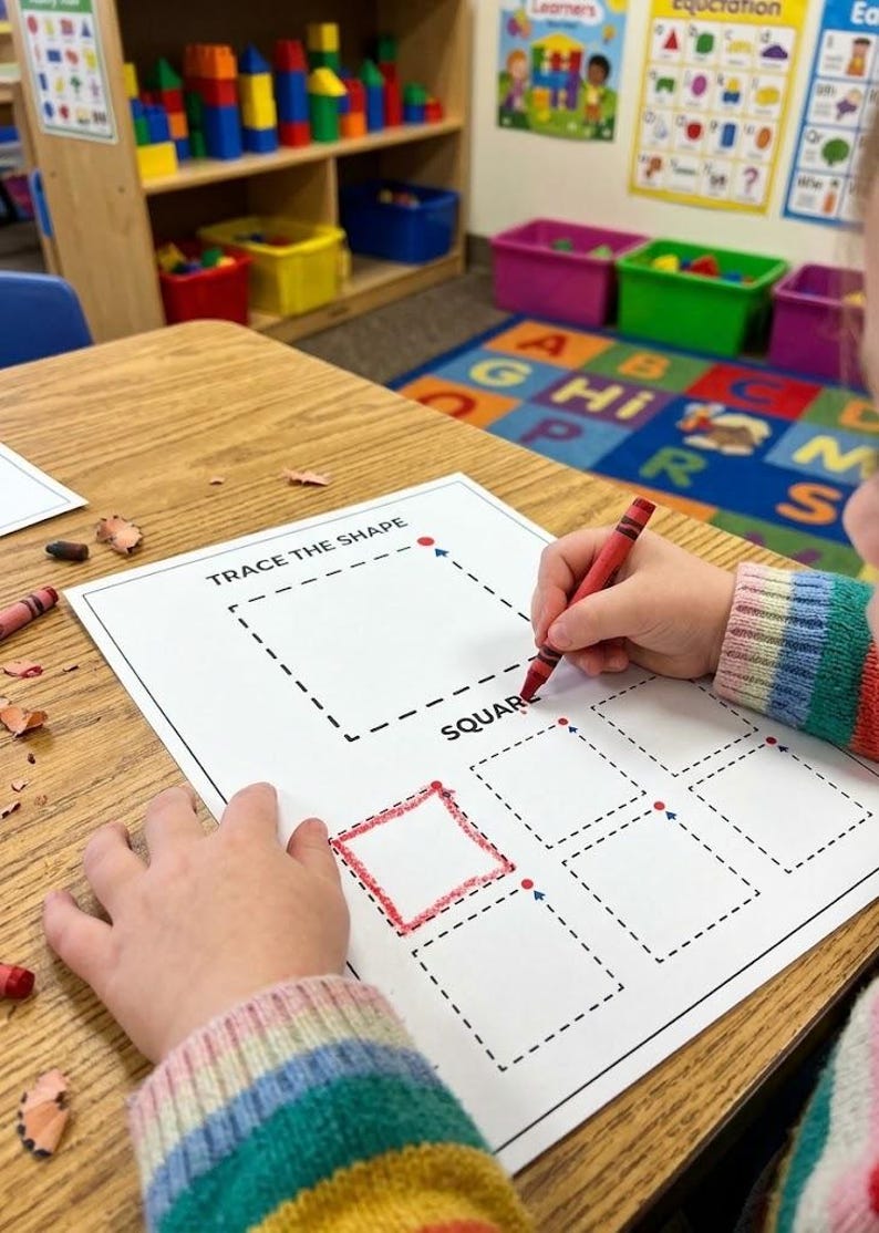 May include: A white worksheet titled TRACE THE SHAPE with dashed square outlines and the word SQUARE printed on it. A red crayon is being used to trace one of the squares on the paper, which is resting on a wooden table surface.