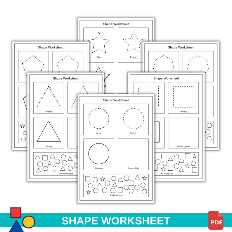 May include: A stack of white Shape Worksheet pages with various geometric shapes for tracing, coloring, and identifying. The worksheets include stars, triangles, circles, and squares. The bottom of the image has the text "SHAPE WORKSHEET" and a PDF icon.