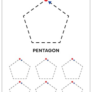 May include: A worksheet titled TRACE THE SHAPE featuring a large dashed pentagon outline with a red dot and blue arrow at the top vertex. Below the text PENTAGON, there are six smaller dashed pentagon outlines, each with a red dot and blue arrow.