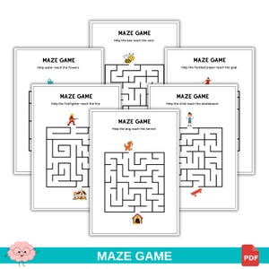 May include: A set of white paper maze games with black lines and illustrations. Each game has a different theme, including a bee, a dog, a firefighter, and a child. The text "MAZE GAME" and instructions are printed on each page.
