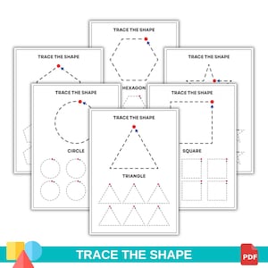 May include: A collection of educational worksheets titled TRACE THE SHAPE, featuring dashed outlines of geometric figures including a circle, triangle, square, and hexagon. Each page includes red starting dots and blue directional arrows.
