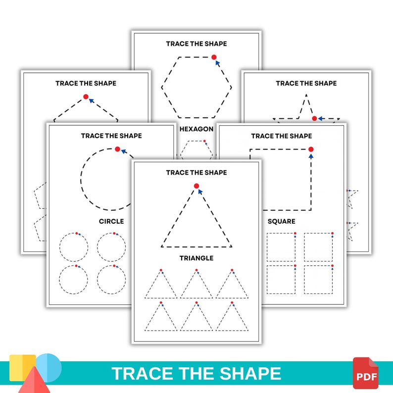 May include: A collection of educational worksheets titled TRACE THE SHAPE, featuring dashed outlines of geometric figures including a circle, triangle, square, and hexagon. Each page includes red starting dots and blue directional arrows.