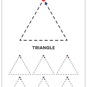 May include: A worksheet titled TRACE THE SHAPE featuring a large dashed triangle with a red dot and blue cursor at the top. Below, the word TRIANGLE appears above six smaller dashed triangles, each marked with a red dot and blue cursor at the apex.