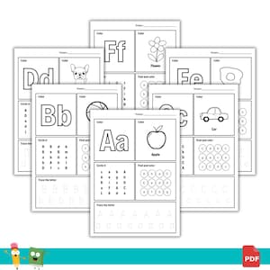 26 Printable Alphabet Worksheets. Coloring Pages. Circle It. Find and color. Trace and letter.