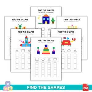 May include: A collection of six educational worksheets titled FIND THE SHAPES, featuring colourful geometric illustrations of a house, butterfly, rocket, pyramid, and other objects, each accompanied by a grid for counting and colouring the shapes.