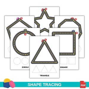 May include: A set of educational shape tracing worksheets featuring a star, pentagon, octagon, circle, triangle, and square. Each shape is depicted as a gray road with yellow dashed lines, a small car, and a red stop sign. Text labels include CIRCLE, TRIANGLE, and SQUARE.