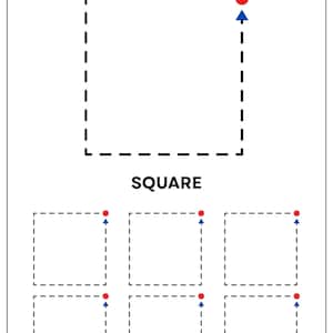 May include: A worksheet titled TRACE THE SHAPE featuring a large dashed square with a red dot and blue arrow, followed by the word SQUARE and six smaller dashed squares, each marked with a red dot and blue arrow to guide the tracing process.