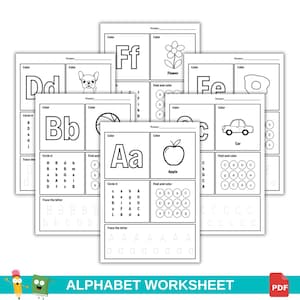 May include: A collection of black and white alphabet worksheets for children, featuring letters A through F. Each page includes a large letter, a corresponding object illustration like an apple, car, or flower, letter tracing lines, and circle-the-letter activities.