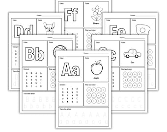 26 Printable Alphabet Worksheets. Coloring Pages. Circle It. Find and color. Trace and letter.
