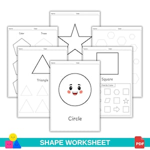 Puede incluir: Una colección de hojas de trabajo educativas con dibujos de líneas en blanco y negro de formas geométricas que incluyen estrella, triángulo, cuadrado, círculo, pentágono y hexágono. Cada página incluye campos para nombre y fecha, con tareas para colorear y trazar.