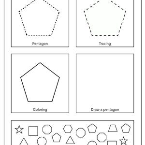 May include: A black and white shape worksheet with the title "Shape Worksheet". The worksheet includes sections for tracing, coloring, and drawing a pentagon. A section at the bottom asks to "Find the pentagon" among various shapes.
