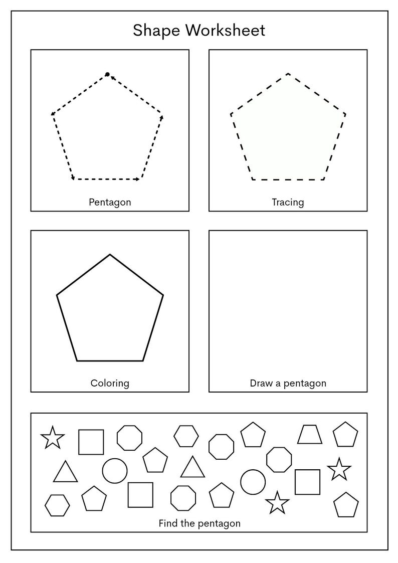 May include: A black and white shape worksheet with the title "Shape Worksheet". The worksheet includes sections for tracing, coloring, and drawing a pentagon. A section at the bottom asks to "Find the pentagon" among various shapes.