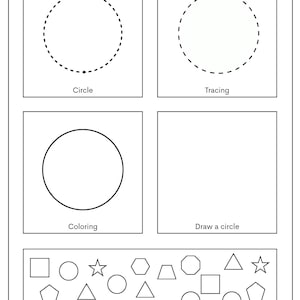 May include: A white shape worksheet with the title "Shape Worksheet". The worksheet includes four boxes with instructions for tracing, coloring, and drawing circles. The bottom of the worksheet has a section to find the circle among various shapes.