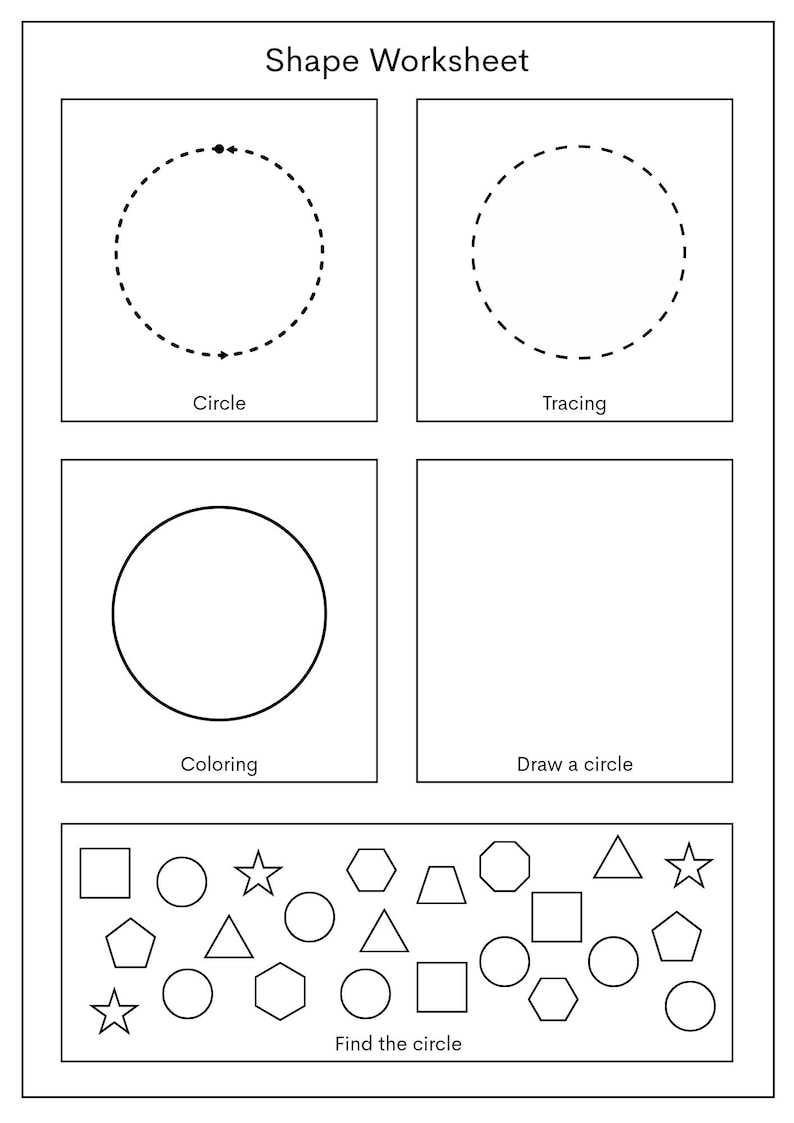 May include: A white shape worksheet with the title "Shape Worksheet". The worksheet includes four boxes with instructions for tracing, coloring, and drawing circles. The bottom of the worksheet has a section to find the circle among various shapes.