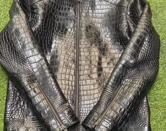 Men's Genuine Leather Crocodile Embossed Black Bomber Jacket