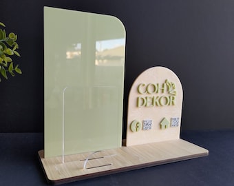 Middelgrote brochure-/flyerhouder met 3D-logo van acryl en QR-codes (hout en acryl) - personaliseerbaar