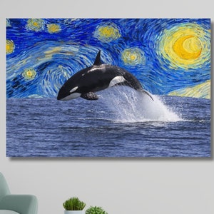Wal in sternenklarer Nacht, großer Blauwal Originalkunst für Zimmerwal Moderne Kunstwerke auf Leinwand Whale Home Design Wall Decor Underwater Life