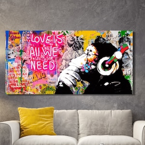 Banksy DJ Monkey Canvas Home Decor, Living Room Wall Art, Wall Decor, Banksy Thinking Monkey, Street Printed, Graffiti Monkey Canvas Poster