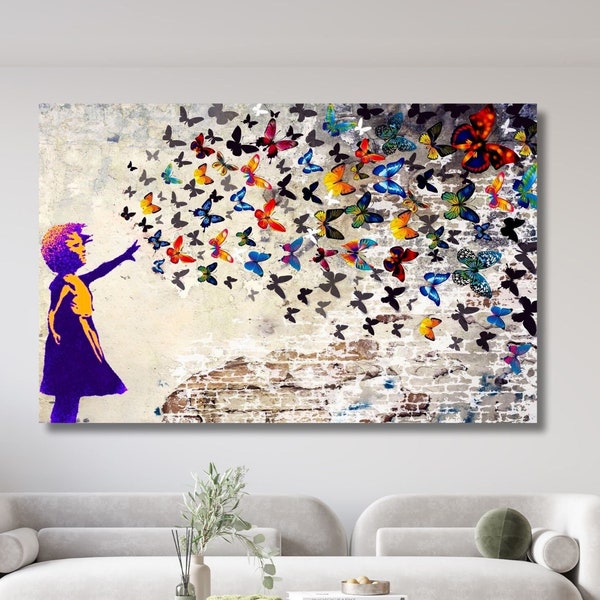 Banksy Wall Art, Graffiti Wall Art Colorful Butterfly Girl Canvas Wall Art Banksy Canvas Wall Art,Graffiti Art,Banksy Canvas Home Street art