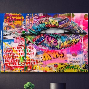 Love Lips Canvas Print Art, Lip Banksy Wall Art,Graffiti Street Art,Banksy Canvas Home Decor,Banksy Living Room Decor,Wall Decor Graffiti