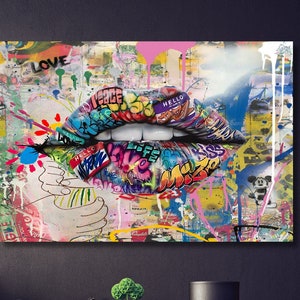 Lips Street Graffiti Canvas Art Living Room Home Decor Graffiti Street Banksy Canvas Home Decor,Banksy Living Room Decor,Wall Decor Graffiti