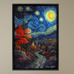 Klimt Style Moonlit Night Canvas,Starry Sky and Moon Wall Art,Mystical Floral Painting, Starry Night Inspired Art for Bedroom or Living Room