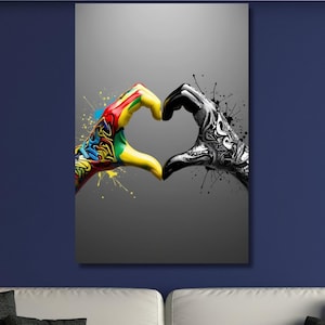 Banksy Wall Art, Graffiti Heart Sign Hands Canvas Wall Art, Graffiti Canvas Painting, Pop Art Love Sign Canvas Decor Hands Canvas Print art