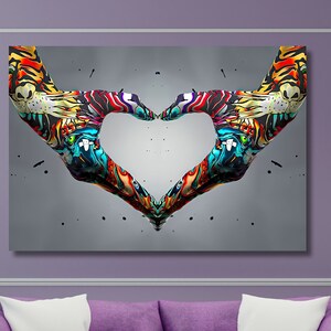 Hands Canvas Print, Banksy Wall Art, Graffiti Heart Sign Hands Canvas Wall Art, Graffiti Canvas Painting, Pop Art Love Sign Canvas Decor
