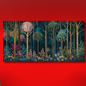 Luna Notte Foresta Stellata Arte Murale Mistico Segno di Mezzanotte Stampa Paesaggio Forestale Arredamento per la casa Nebbia nebbiosa Foresta Trittico Arte Murale Astratto Regalo