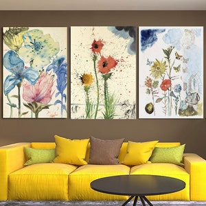 3 Piece Set Salvador Dali Poster,Salvador Dali Fleurs Print,Dali Flowers Poster,Wildflower Print, Surrealism art,Salvador Dali CANVAS