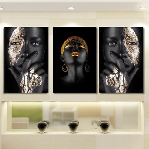 Set of 3 Gold African Woman Canvas Wall Art African Wall Art Gold Woman Wall Art Gold Lip Woman Canvas African Woman Canvas Ready to hang