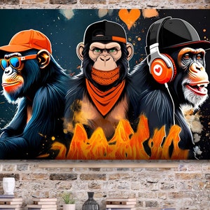 3 scimmie divertenti 3 scimmie sagge tela arte murale, non vedo non sento non parlo poster scimmia tre scimmie sagge arte murale scimmia stampa d&#39;arte astratta
