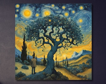 Stampa su tela con albero della vita, una notte con le stelle Stampa su tela con vita di un albero, pittura su tela ispiratrice moderna con vita di un albero, pronta da appendere