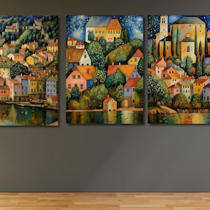 Set Of 3 Gustav Klimt Night Village Night Print, Klimt Moon Stars Canvas Wall Art Modern Living Room Gold Flowers Night Sky wall art decor