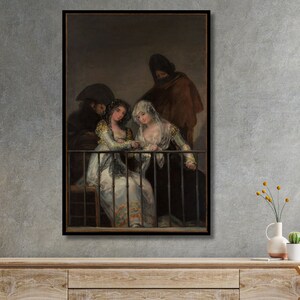 Majas on a Balcony attributed to Francisco de Goya Canvas Wall Art,Francisco Goya Poster,Francisco Goya Print, Surrealism art, Gift Wall art