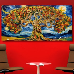 Albero della vita Gustav Klimt Canvas Wall Art, "Notte stellata" di Van Gogh, grande dipinto di un albero astratto Yggdrasil, arte mistica in stile carta dei tarocchi
