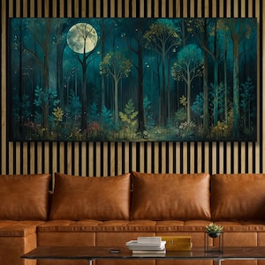 Luna Notte Stellata Foresta Arte Murale Mistico Mezzanotte Segno Stampa Foresta Paesaggio Decorazione per la casa Nebbia nebbiosa Foresta Trittico Arte Murale Astratto Regalo