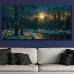 Starry Night Forest Moon Wall Art Mystical Midnight Sign Print Forest Landscape Home decor misty Fog forest triptych wall art Abstract gift