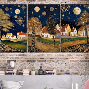 Set Of 3 Gustav Klimt Night Village Night Print, Klimt Moon Stars Canvas Wall Art Modern Living Room Gold Flowers Night Sky wall art decor