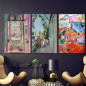 Juego de 3 lienzos de Henri Matisse para pared, arte mural La ventana abierta, póster de Henri Matisse, arte mural de galería Matisse, obra de arte de Matisse, paisaje
