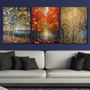 Set Of 3 Gustav Klimt Night Village Night Print, Klimt Moon Stars Canvas Wall Art Modern Living Room Gold Flowers Night Sky wall art decor
