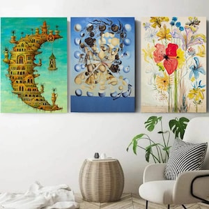 Set Of 3 Salvador Dalí Canvas Art Living on the Moon Art, Galatea of the Spheres Prints, Salvador Dali Fleurs Wall Art, Dali Exhibition,
