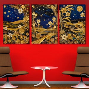 Set Of 3 Gustav Klimt Night time golden landscape Canvas Wall Art Exhibition Canvas Print Modern Living Room Gold Flowers Night Sky wall art