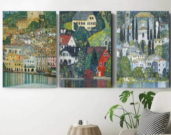 Set Of 3 Gustav Klimt Canvas Art Kirche in Cassone Art, Houses in unterach Prints, Gustav Klimt Wall Art,Nouveau Prints, Klimt Exhibition