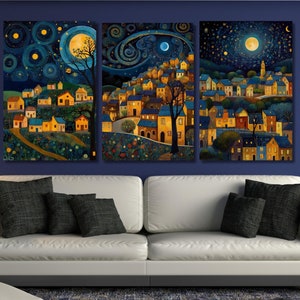 Set Of 3 Gustav Klimt Night Village Night Print, Klimt Moon Stars Canvas Wall Art Modern Living Room Gold Flowers Night Sky wall art decor